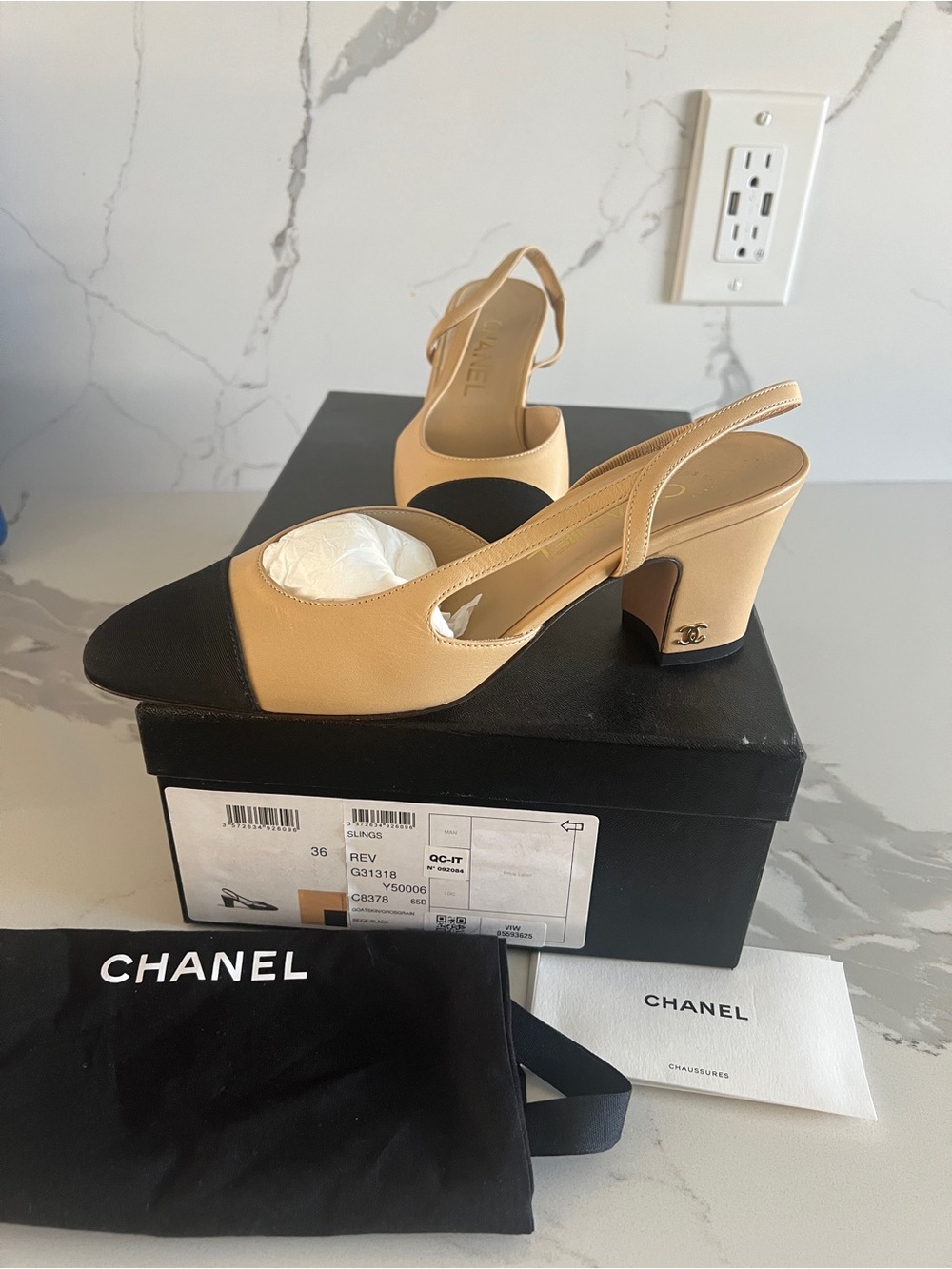 CHANEL Beige and Black Two-Tone Slingback Block Heel Pumps
